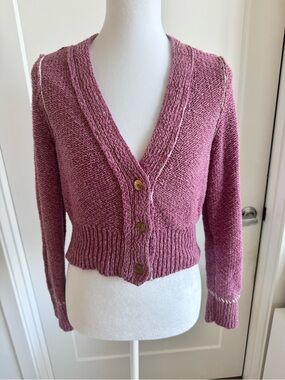 Pilcro Cropped V-Neck Button Front Sweater Cardigan - Pink